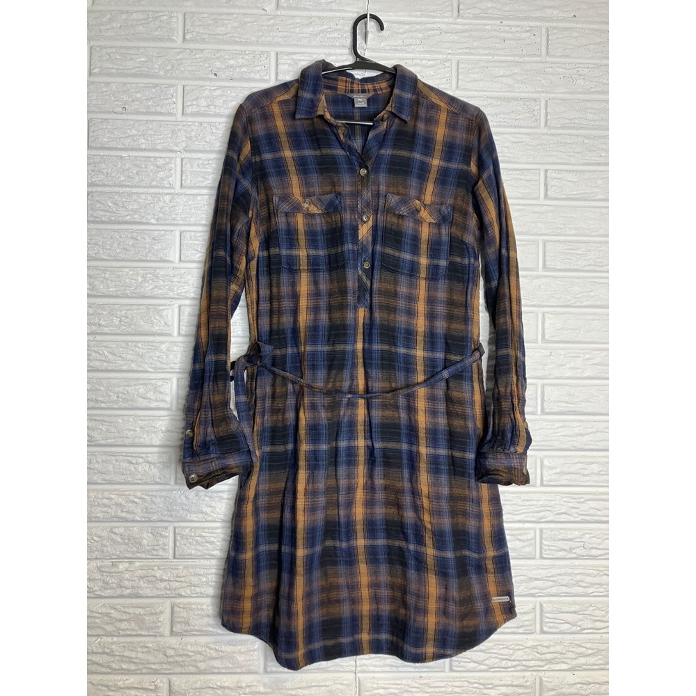 Eddie Bauer Flannel Shirt Dress Womens 6 Blue Mustard Excellent Plaid Cotton